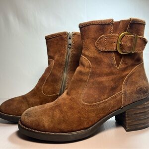 Born Suede Ankle Boots Women’s 7M Brown Zip Buckle Block Heel Leather Booties